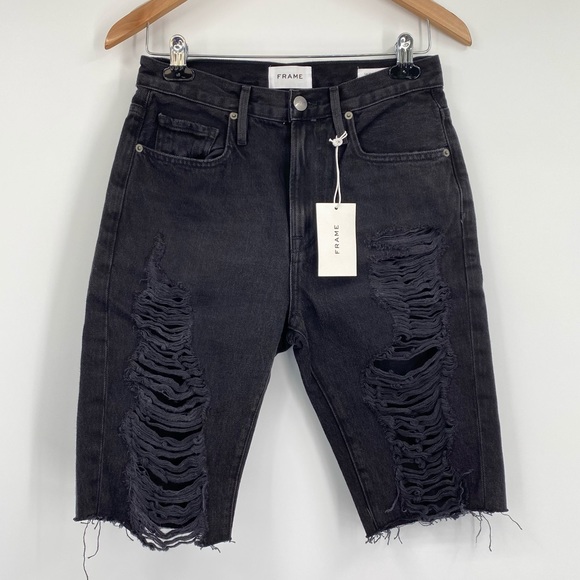 NWT Frame Le Vintage Bermuda Distressed Denim Shorts Washed Black 25 - Picture 5 of 11